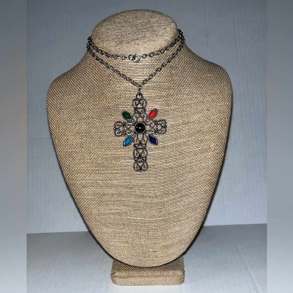 Avon Multicolored Stone Cross Necklace